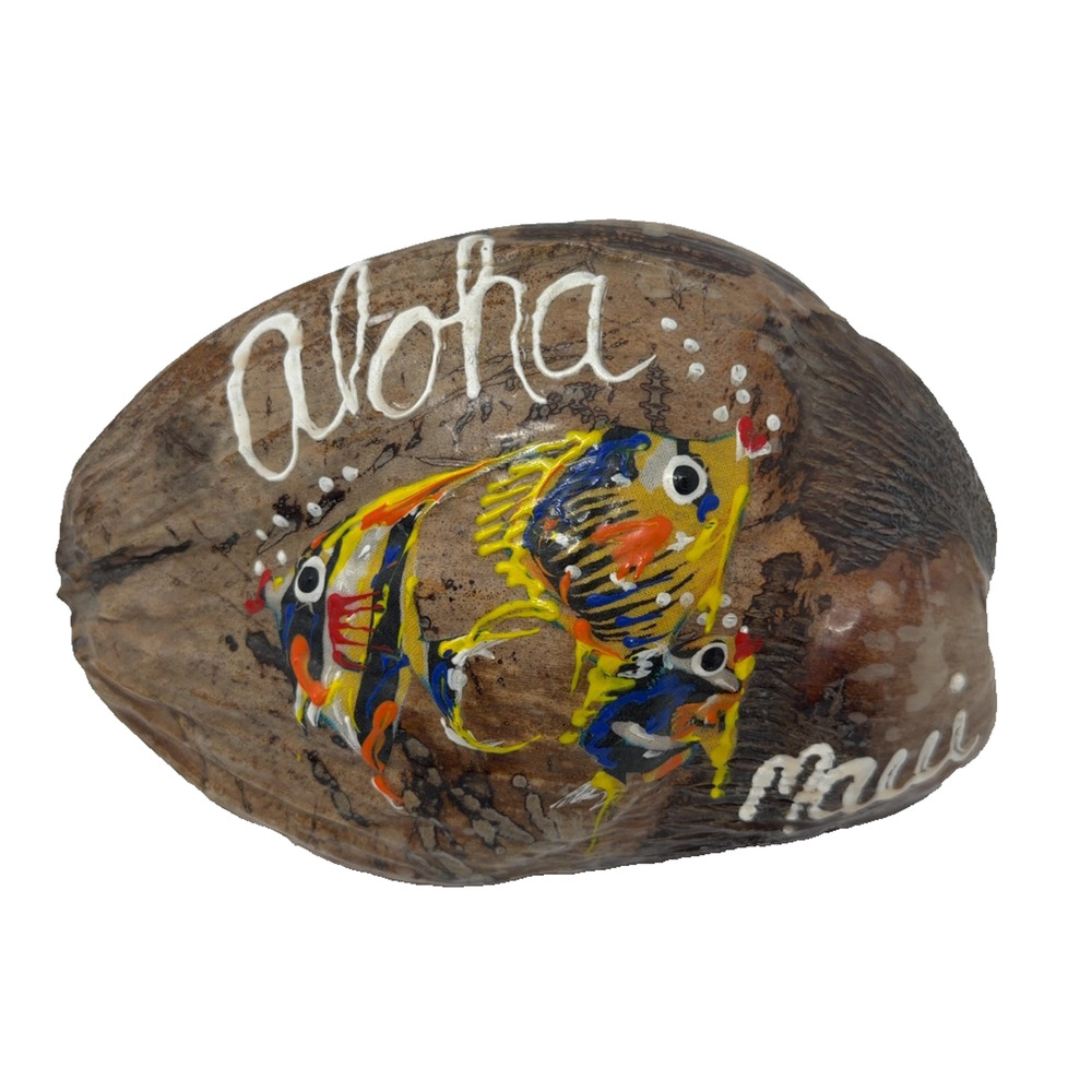 Vintage Maui Hawaii Hand Painted Coconut Shell Souvenir Tropical Fish
